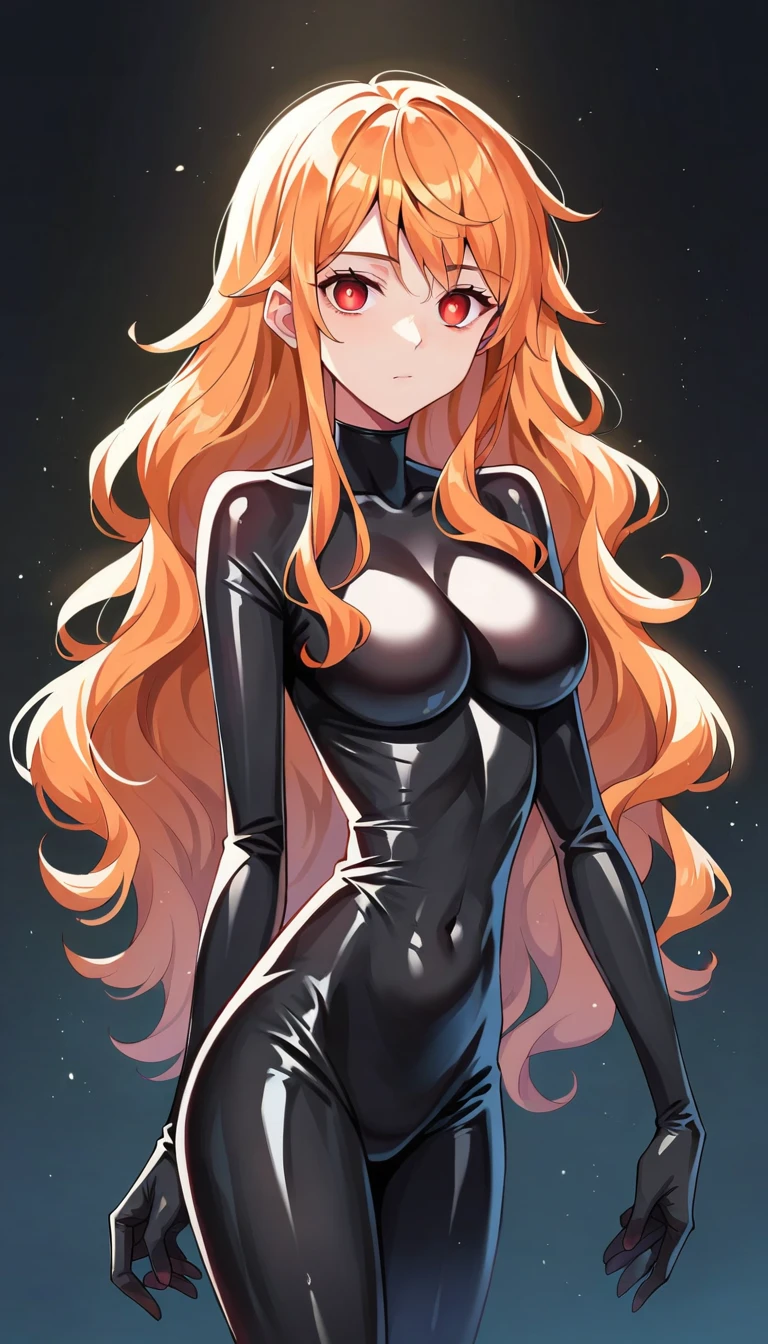 score_9, score_8_up, score_7_up, score_6_up, score_5_up, score_4_up, BREAK source_anime, nami_post, orange hair, long hair, wavy hair, side locks, ((black rubber tight)), shiny skin,Red eyes, glowing eyes,Expressionless,((stand up)), corruption, empty eyes, no pupils, Combatant, (evil depravity), black background, simple background,