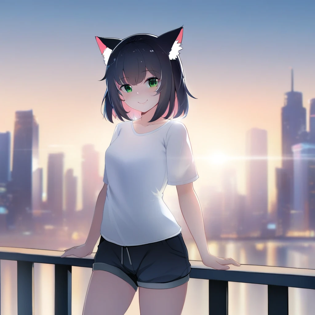 masterpiece, best quality, very aesthetic, absurdres, 1girl, (xiaodi:0.7), cat ears, shirt, shorts, city background, smile