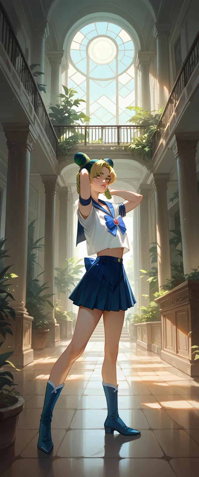 Jolyne Kujo ( JoJos Bizarre Adventur) JoJos Bizarre Adventure black ,  sailor moon costume, Poses extravagant ,  environment outside a museum, street