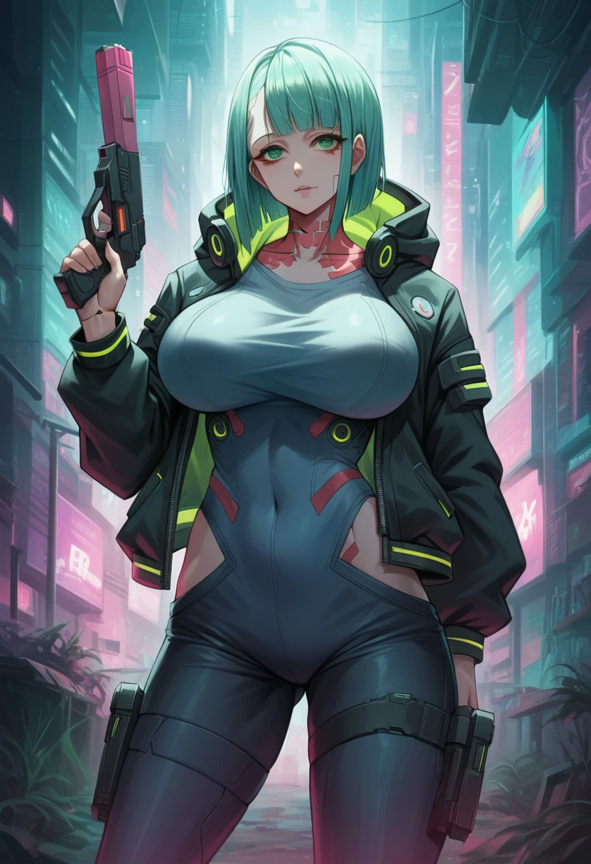 a woman with green eyes and a black jacket holding a gun, anime cyberpunk art, cyberpunk anime girl, best anime 4k konachan wallpaper, cyberpunk anime girl mech, female cyberpunk anime girl, cyberpunk anime art, anime style 4 k, digital cyberpunk anime art, cyberpunk anime girl in hoodie, anime wallpaper 4k, anime wallpaper 4 k, anime cyberpunk
huge breast