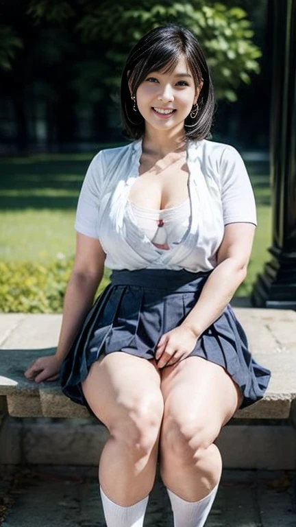  Japanese Milf,55 years old, white skin,(curvy body, big chest, plump thighs:1.5),(High school girl uniform,Ultra short pleated micro mini skirt,Short socks, loafers,earrings:1.2),( standing in the park, take a picture of the whole body from toe to head,full body,standing:1.2),looking at viewer,smile, surrealism, depth of field, from below, Sony FE, 8k, Beauty, arms up