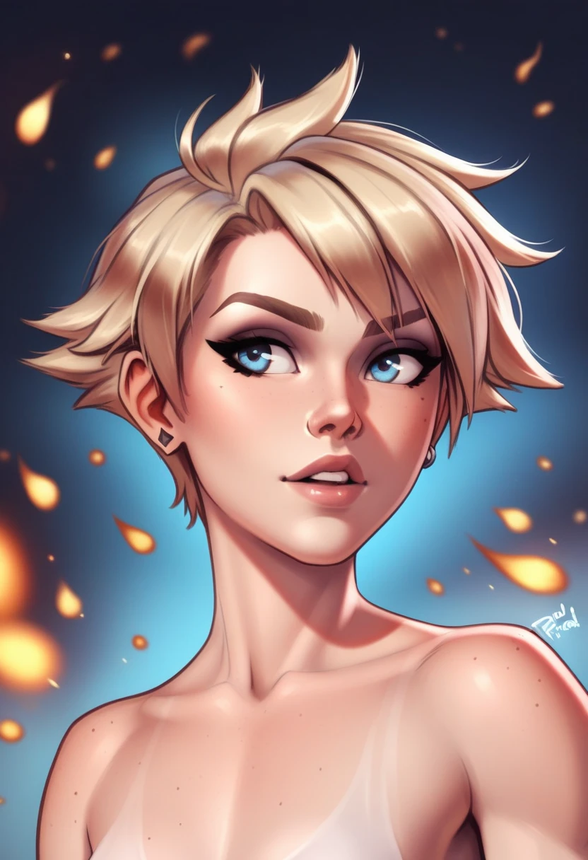 A beautiful young woman with perfect eyes and straight blonde hair, standing naked in a front, 3/4 body portrait against a stunning background, embers floating, bokeh. She has a subtle, yet stunning expression, with well-crafted and detailed facial features. The image has a traditional animation style with thicker lines, giving it a comic book-like aesthetic. The overall style is inspired by the artist personalami, resulting in a high-quality character art piece that could be from a big-budget film still.High Resolution, Best Quality, cute, (tomboy), 1girl, Blue eyes, 