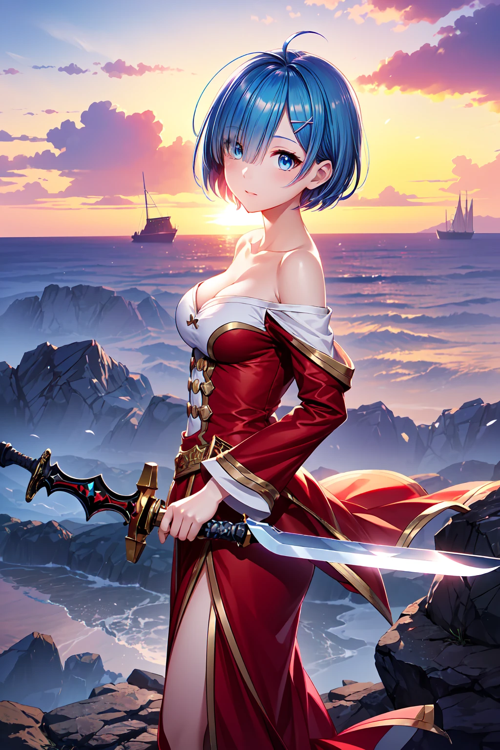 (masterpiece, best quality:1.2), (8k, extREMely detailed CG), REM, REM_re_Zero, 1girl, blue eyes, blue hair, short hair, hair over one eye, (detailed beautiful eyes, shiny skin), (collarbone:1.2), off-shoulder shirt, medium breasts, cleavage , (天界から舞い降りた女神のようなREM), ( Lots of feathers flying around ),  A beautiful scene with a dazzling sunset , universe, Mysterious gradation , (Default, NeroOriginalOutfit,  red dress ), (Magic and Sword :2),  from side, dynamic pose