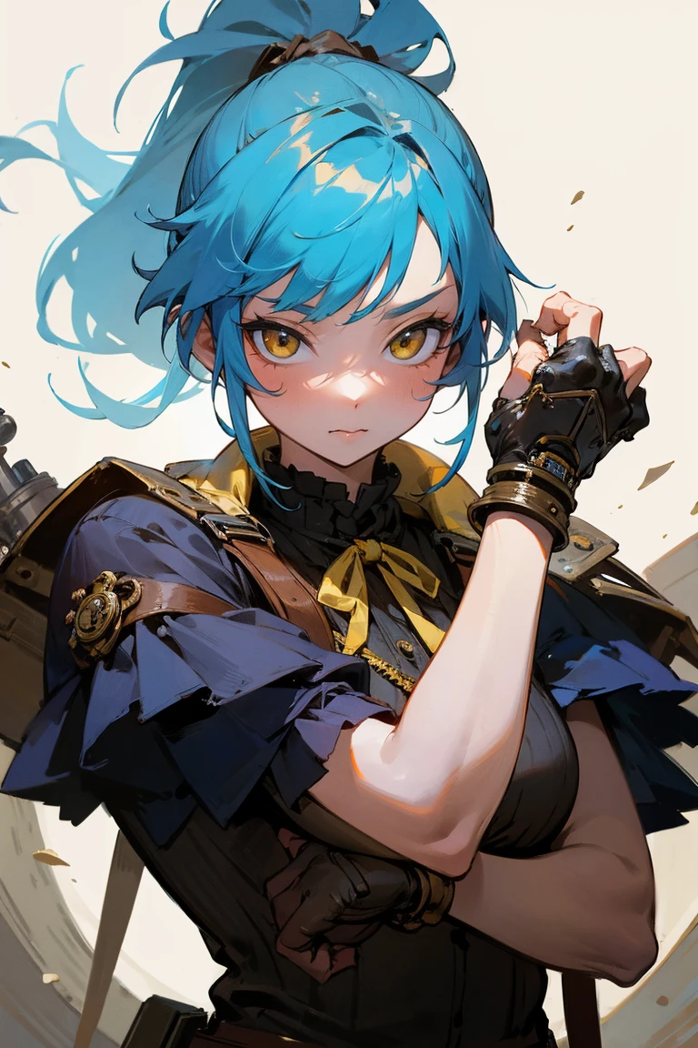 （（（masterpiece、Highest image quality、highest quality、highly detailed unity 8ｋwallpaper）））、（（Illustration of one girl、upper body））、（（（beautiful girl）））、（female pirate）、（Light light blue hair、short ponytail：1.2、yellow eyes）、（（（Right hand is a prosthetic hand、steampunk prosthetic arm）））、（（tall））、bulky figure, massive frame, thick neck, sturdy arms, powerful legs、（captain&#39;s suit、Pirate hat、Blue coat）、pier