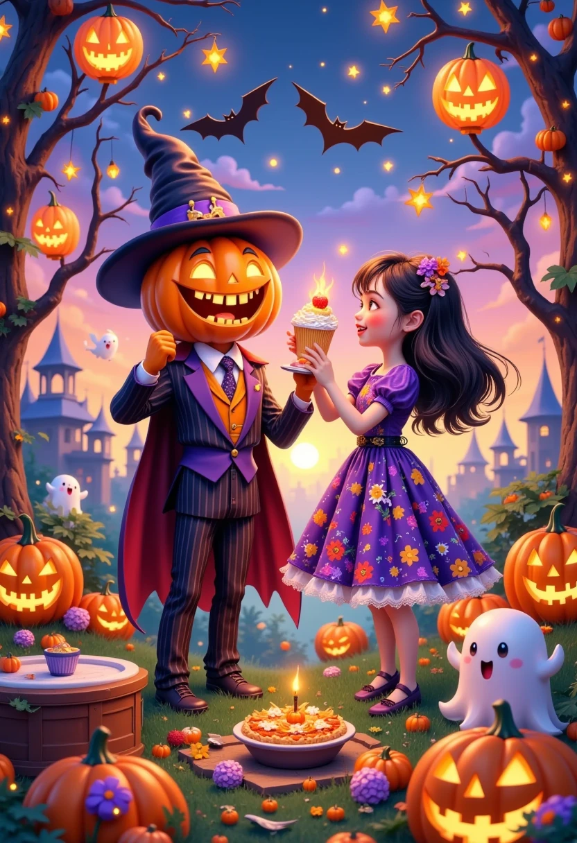 pumpkin king and sally celebrating halloween in a vibrant pop art style world, autumn sunset sky, sally in floral dress decorating giant carved pumpkin lantern, pumpkin king singing and dancing, ghosts and bats joining the party, colorful paper lanterns, twinkling stars, halloween treats like candy and pumpkin pie, (best quality,8k,highres,masterpiece:1.2),ultra-detailed,(realistic,photorealistic,photo-realistic:1.37),vibrant colors,whimsical,magical realism,pop art,halloween,jack skellington,sally,pumpkin patch,pumpkin carving,trick or treat