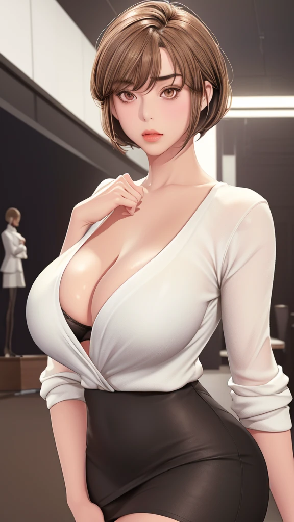 (（（figure，御姐figure,White and tender skin,（（（black cardigan，White pencil skirt，）））,(（（Soridef，brown eyes，brown hair，short hair,））),，((masterpiece)), highres icon,((Best quality at best)),masterpiece,quality,Best quality,(（（  to the audience,Light in the eyes）））,Huge breasts,苗条figure,）））