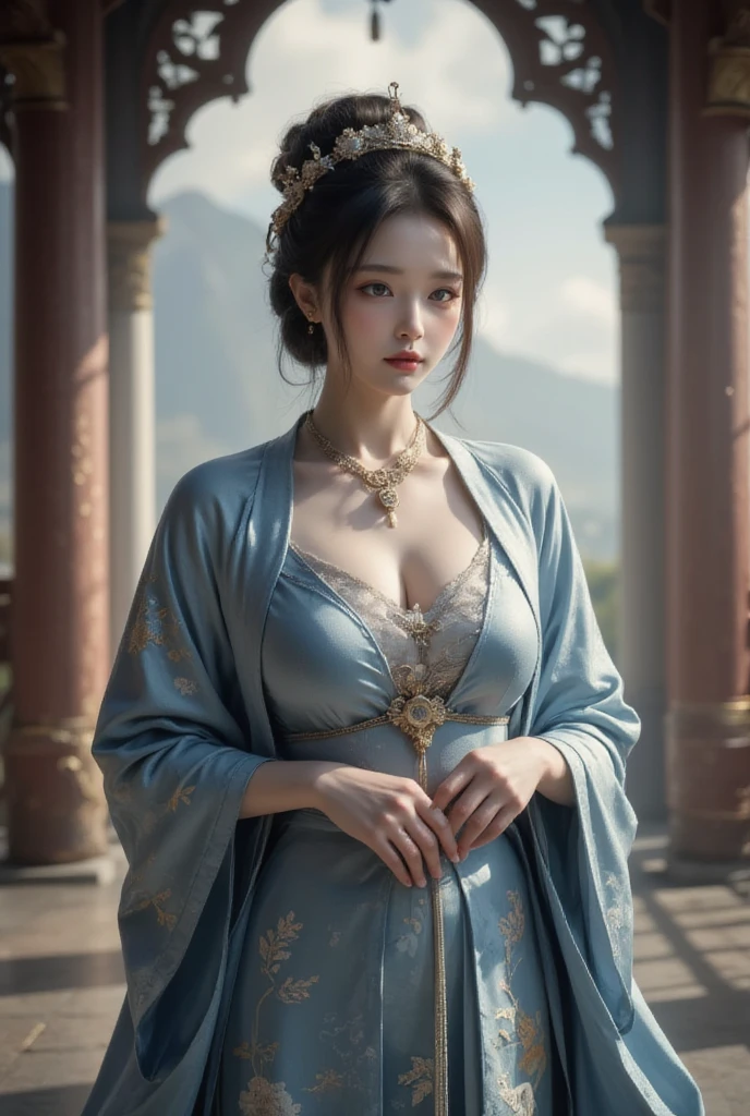 ((best quality)), ((masterpiece)), (detailed), 1girl, game of thrones, korean, black hair, beautiful, gown, lady, medival, fantasy, busty, big chested