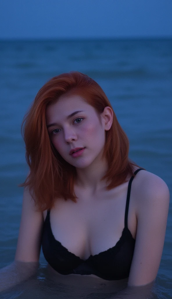  21 year old redheaded woman with a more mature face with a more mature face, pale skin, freckles,  red hair water green eyes,  fleshy and shiny lips , labia majora, thick lips, parted lips, Light pink in the water on the beach at night 