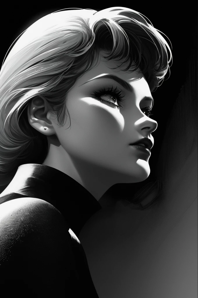 A highly detailed minimalist illustration of a woman in line art style. The image is black and white, with a stark contrast that emphasizes her red lips. She is viewed from below, looking up slightly in a side profile. Her expression conveys silence and ennui, with a subtle melancholic feel. She has blunt bangs that frame her face, and her features are illustrated with intricate shading and line work. The style is densely detailed, capturing each contour and expression. The artwork is rendered in high resolution, 8K quality, with a refined, elegant aesthetic (masterpiece level, 1.5).