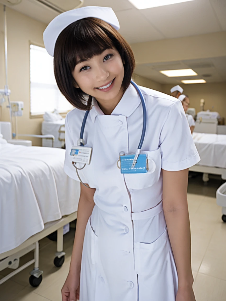  girl,Alone, (Wearing white nurse clothes:1.2), ( bob cut ), Black Hair , nurse,  COMPLETE ANATOMY, nurse uniform, (Nurse cap), ( white costume ),  long skirt , hospital, ( face), smile