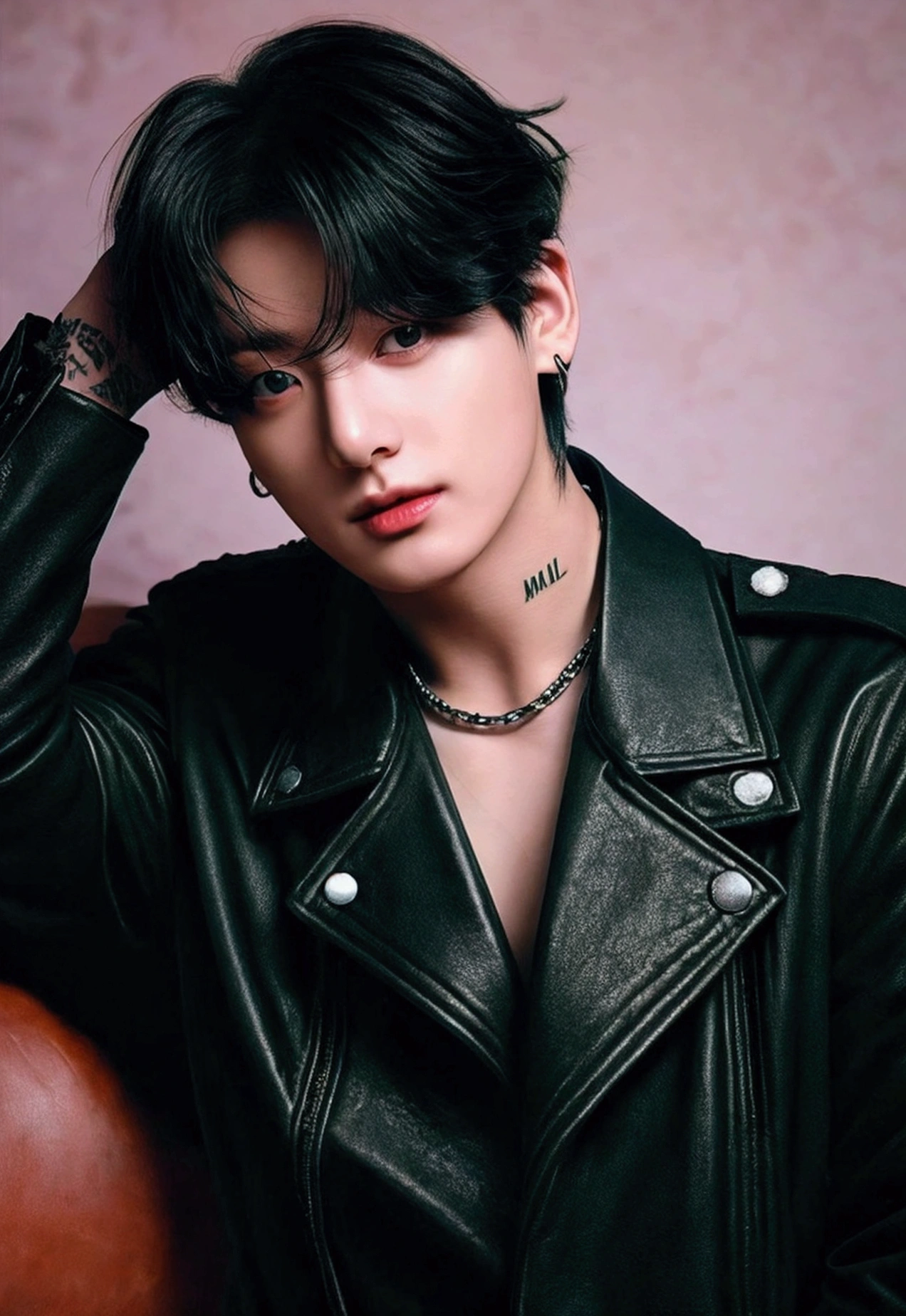 full shot, Military man  ,  black hair  ,  Korean Gothic boy ,  hime black haircut , hair blackbangs hair,  Gothic boy aesthetic ,  He has black hair with bangs ., Jeon Jungkook, DETAILED, , sui ishida with black hair, portrait de un niño,  a 20-year-old Gothic boy ,  White hairstyle with hime cut , Jungkook,  A handsome young man with fascinating eyes., DETAILED facial features,  long eyelashes , perfect skin, Warm smile,  brown hair, wearing military costume  , In an office room, 4k,  High resolution,  photorealistic , DETAILED,  hyperrealistic ,  vibrant colors ,  natural lighting ,  film composition ,portrait, Casual clothing, leather jackets, black clothes ,Tough boy, Military uniforms, green pants 





