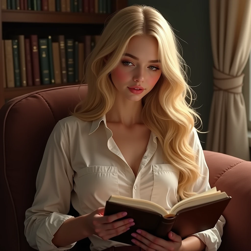 1girl,huge breast, blonde hair, long hair,bang, teacher clothes, high quality, ultra detailed, masterpiece, realistic, sitting on the living room sofa
