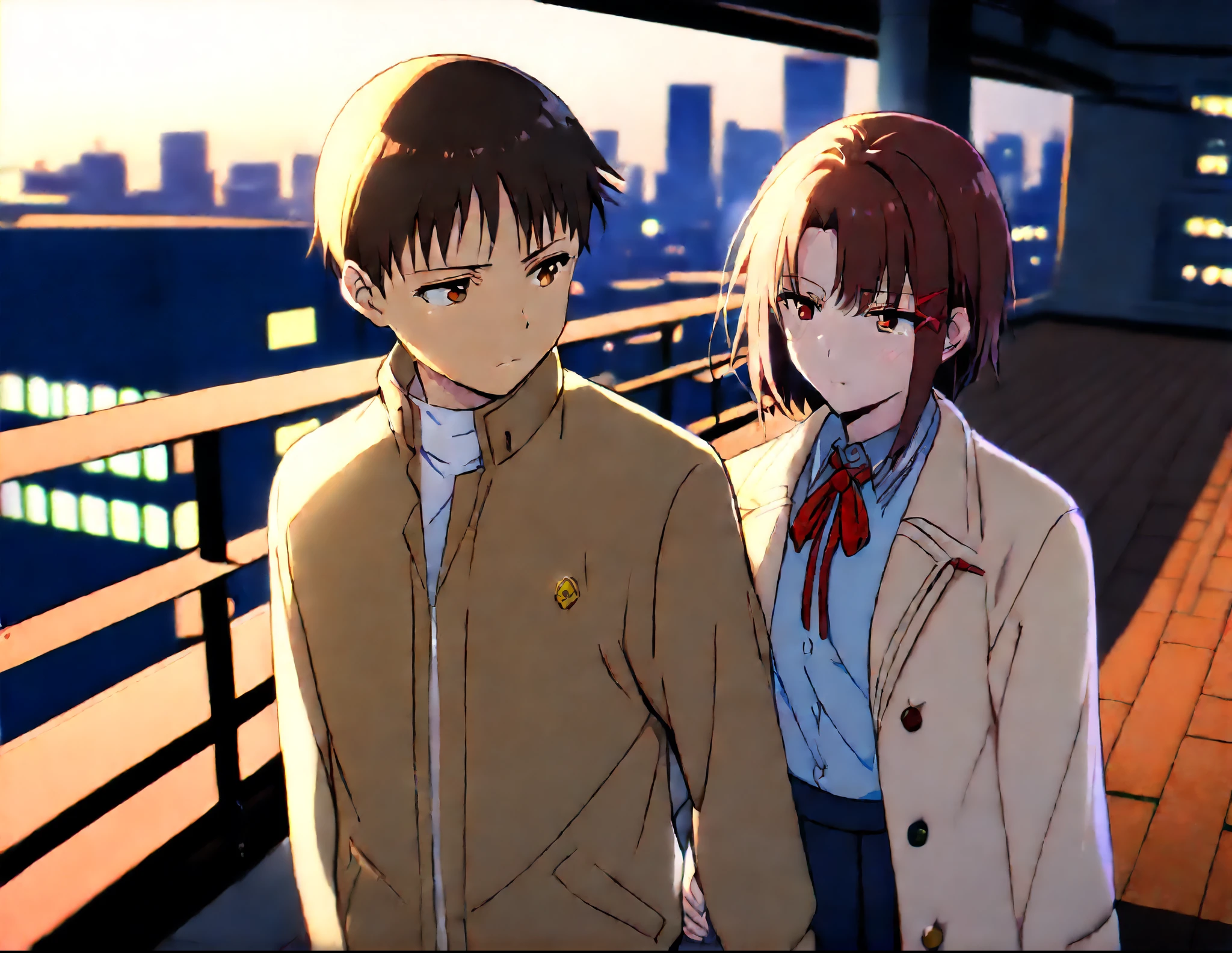 (masterpiece, best quality:1.2), highly detailed, (couple), hetero, (duo focus), 1girl, 1boy, Shinji Ikari, Iwakura Lain, standing together, night city view, calm and introspective expression, holding hands, (wind gently blowing hair:1.1), (urban rooftop background:1.3), starry sky, soft lighting, (depth of field:1.2), anime style, sharp detail, highres, soft shadows, (focused lighting:1.1), BREAK, (1girl, Iwakura Lain:1.3), (short brown hair:1.1), classic coat, (introspective look:1.2), BREAK, (1boy, Shinji Ikari:1.3), (short dark hair:1.1), school uniform, (calm expression:1.2) iwakura lain