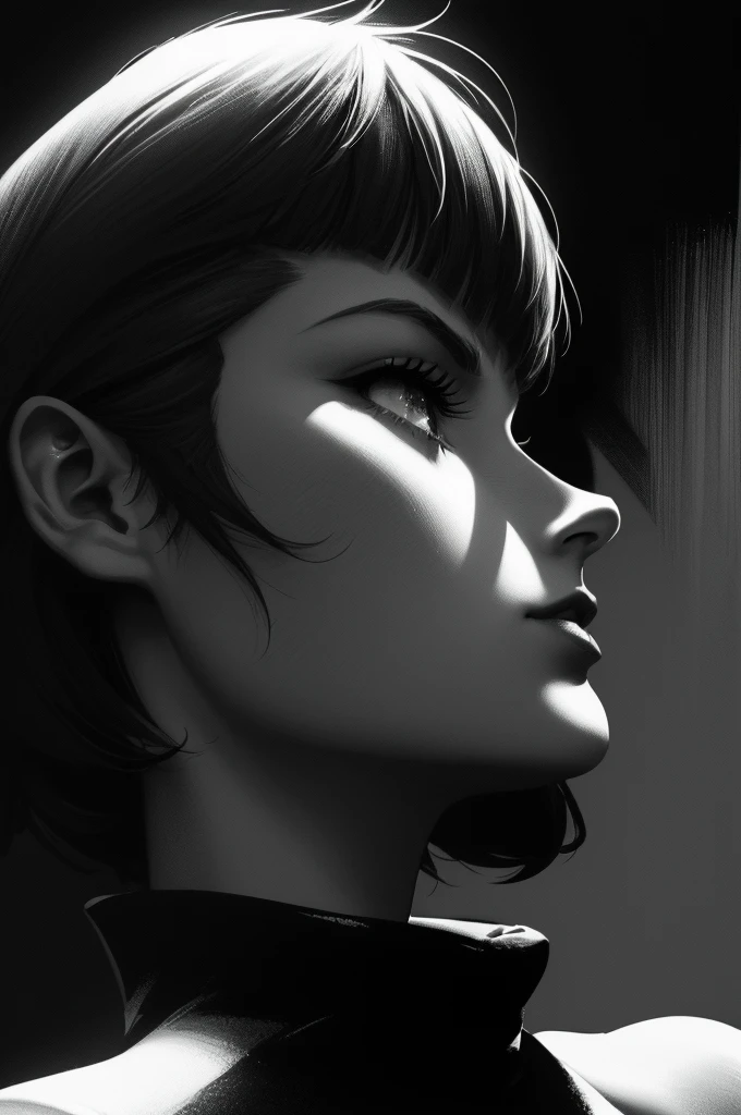 A realistic , highly detailed monochrome illustration of one  woman with a bob cut and blunt bangs, wearing a black turtleneck . The perspective is from below , capturing her as she looks up with a contemplative expression. The scene is in greyscale with only her lips in a deep rich red for contrast . The style is sketched in graphite with fine hatching , evoking a high-contrast chiaroscuro effect. The dramatic lighting creates a moody, introspective atmosphere, resembling a masterpiece-quality 8K image. The textures and shadows are meticulously rendered for a highly realistic , artistic touch, tomonorikogawa