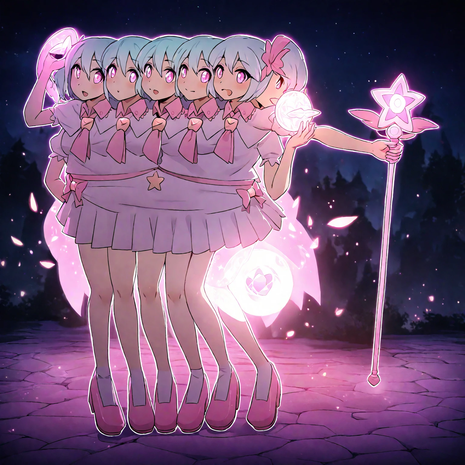 (masterpiece, best quality), best resolution, 16k, close-up, (mahou shoujo, magical girl), 1girl, solo, (two heads, three heads: 1.5), a beautiful magical girl with a joyful expression, holding a magic wand, magic power sphere, soft outline, dreamlights, night sky, staeld, glow, dynamic pose with arms raised, (magical girl style), anime cinematic, soft lighting, vibrant colors, digital painting, highly detailed