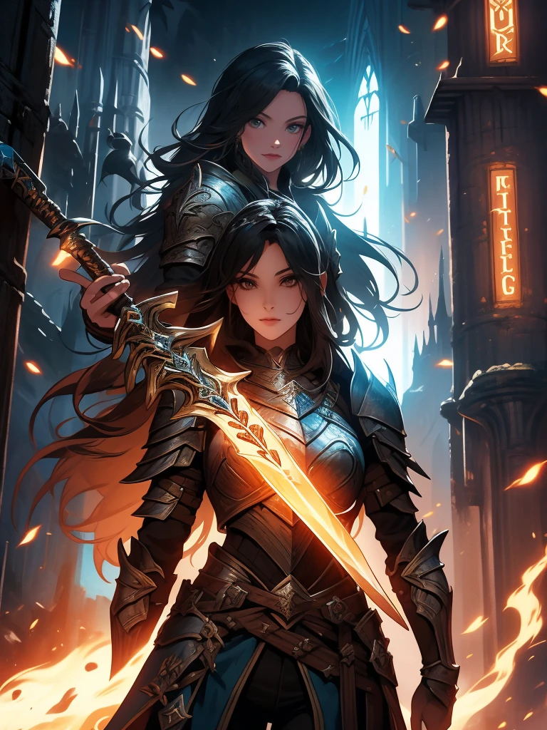 fantasy, epic, movie poster-style illustration, a girl standing in armor, with a dynamic and magical background, featuring prominent and well-designed typography elements,standing, confident, determined, wielding a sword, epic title, magical forest, glowing runes, bold text
