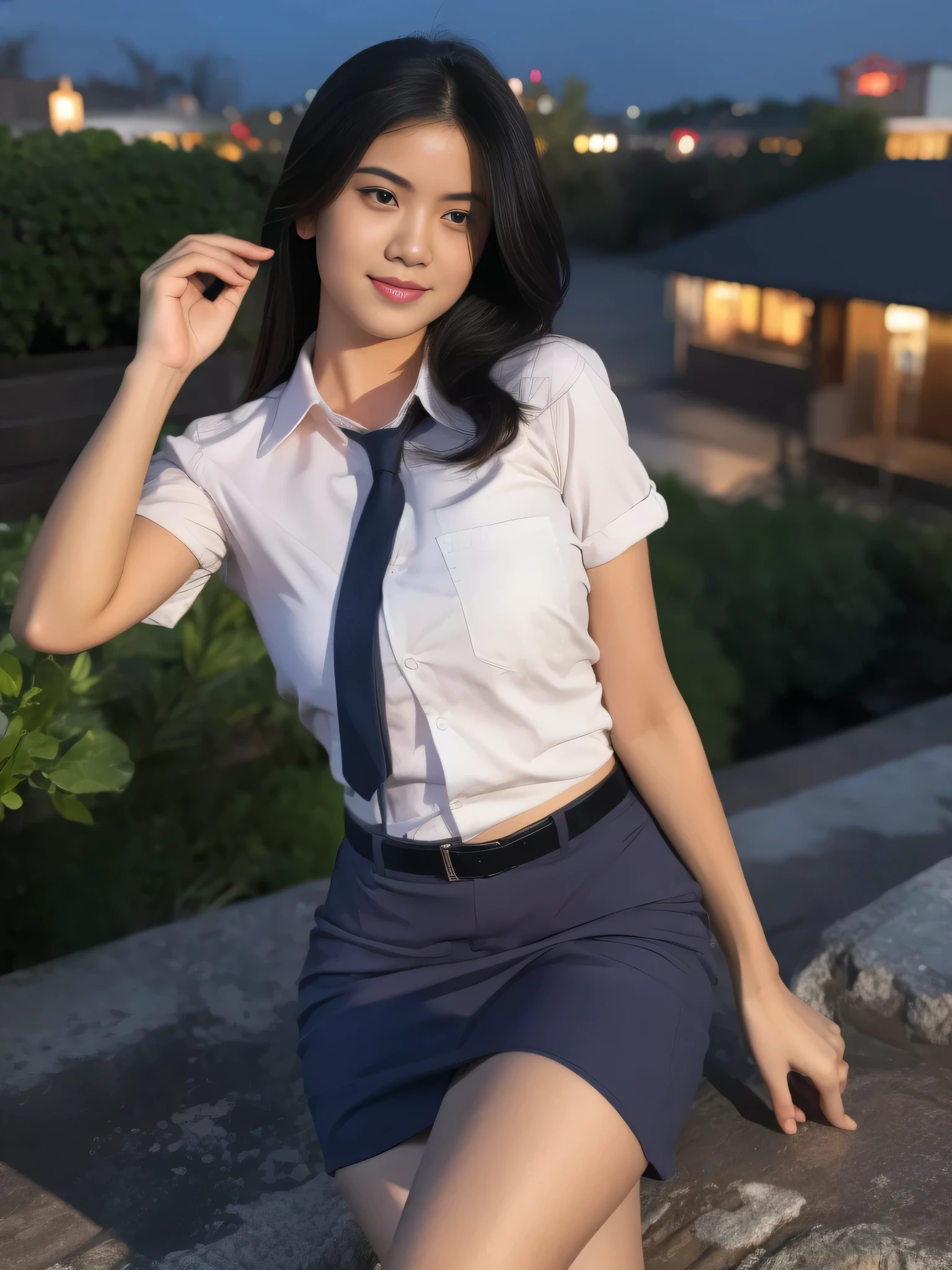 1girl, 1 girl, (uniform), standing, outdoors, night view, detailed Metropolitan city at the background, (Overhead view:1.35), (zoom out: 1.1), detailed face, cute little smile, detailed eyes, medium thick breasts, six pack abs, smooth realistic skin, semi-curvy body, white shirt, grey blue short skirt, looking at the audience, (8k, RAW photo, best quality, masterpiece: 1.3), (realistic, realistic: 1.37), ultra-high resolution