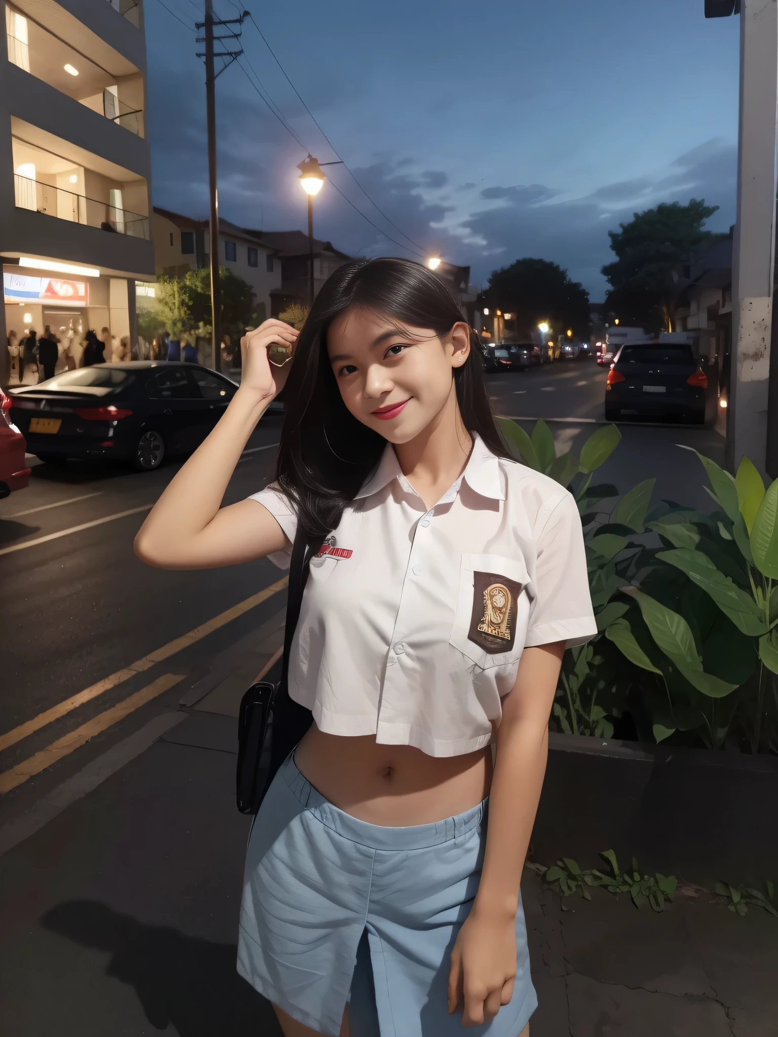 1girl, 1 girl, (uniform), standing, outdoors, night view, detailed Metropolitan city at the background, (Overhead view:1.35), (zoom out: 1.1), detailed face, cute little smile, detailed eyes, medium thick breasts, six pack abs, smooth realistic skin, semi-curvy body, white shirt, grey blue short skirt, looking at the audience, (8k, RAW photo, best quality, masterpiece: 1.3), (realistic, realistic: 1.37), ultra-high resolution