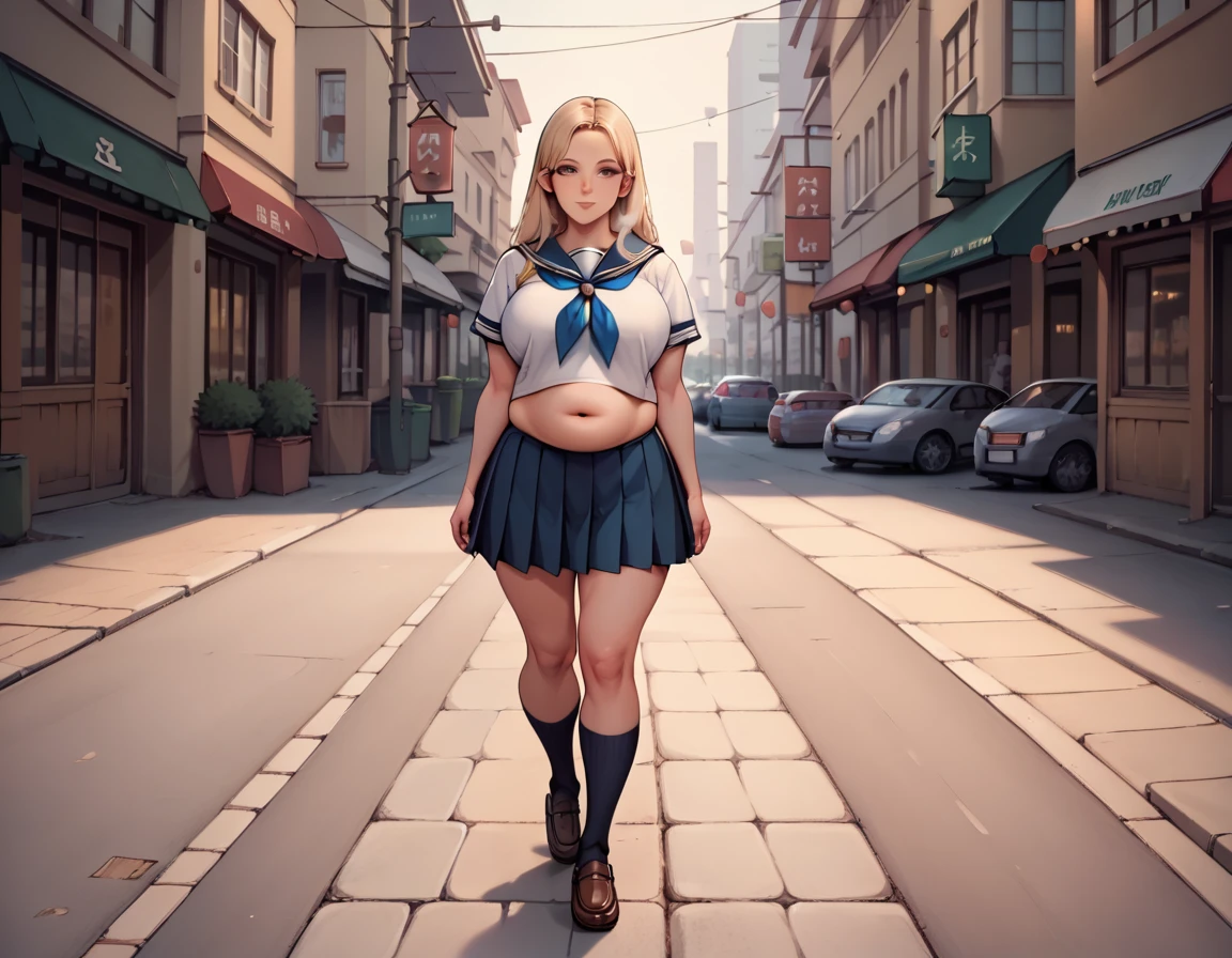 nsfw,masterpiece,highest quality,One milf, Long blonde hair, large caucasian eyes,(Huge breasts with a slight sagging:1.0),Short sleeve,Cute Sailor Suit,Pleated skirt,Sailor scarf,socks,loafers,Street,Monochrome,Line art,Upper body photo, by elijahzx, (manga art), (arms across belly), (leaning back), (large stuffed gut), (walking, out of breath, huffing and puffing), inflated belly