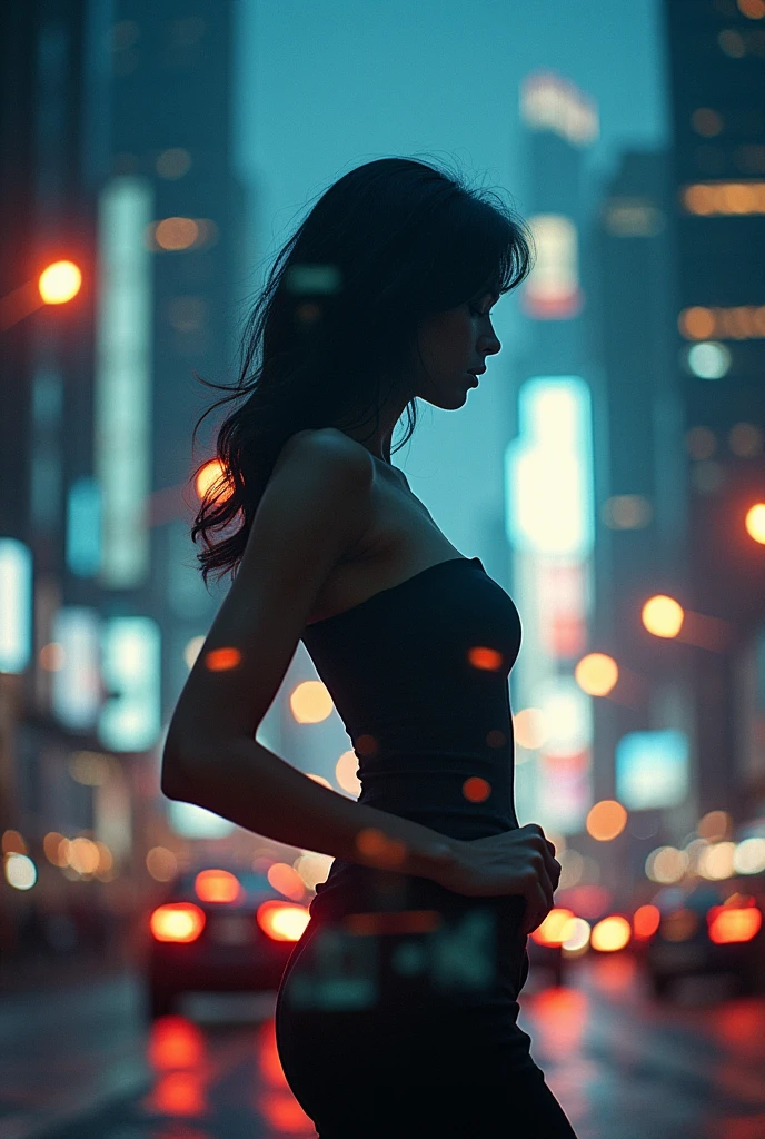 Double exposure photography, high resolution photography, cinematography, this work uses double exposure photography to cleverly integrate the silhouette of a woman, silhouetted against a brightly lit city
