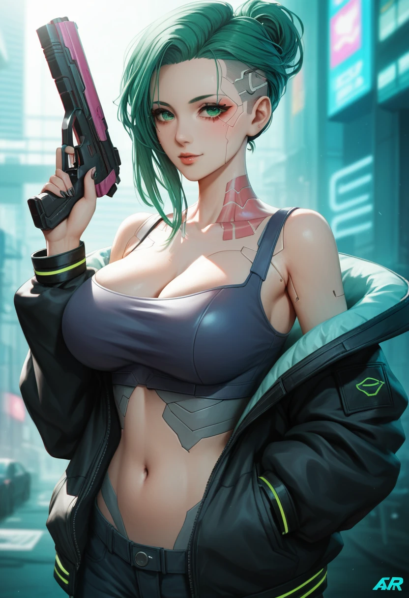 a woman with green eyes and a black jacket holding a gun, anime cyberpunk art, cyberpunk anime girl, best anime 4k konachan wallpaper, cyberpunk anime girl mech, female cyberpunk anime girl, cyberpunk anime art, anime style 4 k, digital cyberpunk anime art, cyberpunk anime girl in hoodie, anime wallpaper 4k, anime wallpaper 4 k, anime cyberpunk
huge breast