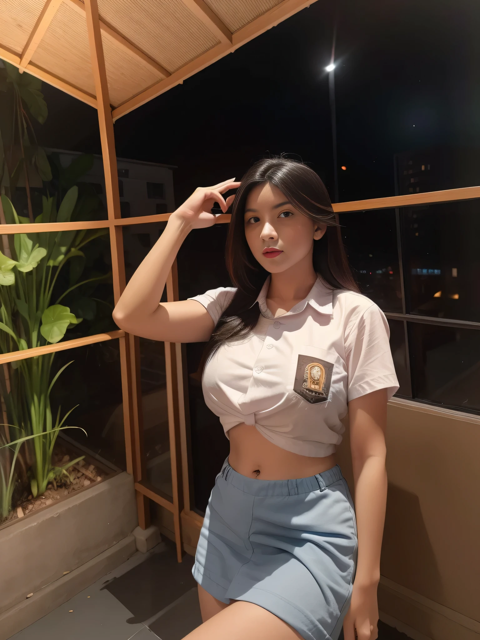 1girl, 1 girl, (uniform), standing, outdoors, night view, detailed Metropolitan city at the background, (Overhead view:1.35), (zoom out: 1.3), detailed face, cute angry face, detailed eyes, thick breasts, six pack abs, smooth realistic skin, semi-curvy body, white shirt, grey blue short skirt, looking at the audience, (8k, RAW photo, best quality, masterpiece: 1.3), (realistic, realistic: 1.37), ultra-high resolution