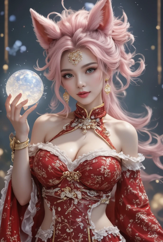 [Imagine:1.0]，[Wide Angle:1.0]， Clearly shows her three-dimensional ancient style ，Vivid Chinese aesthetics， League of Legends Tanuki，whole body照，Perfect hands  ，  Long pink hair，  Nine fox tails on the coccyx ， Pink Fox Ears，Red warrior costume， Energy ball in hand，wallpaper，   Game battlefield background ， Sexy oriental face ，Game Screen，  Beautiful facial features，(whole body:1.4)，  bright colors  ，Glittering clothes，Using flash stone pattern，  Shoes made of translucent crystals ，  Colorful gradient fluorescent ribbon， Beautiful，Light Wave，Tradition， Beautiful，perfect composition，  Ultra HD，Crescent moon earrings，Eyebrow lift ，Baoyu Fengzhi，Forehead ornament，( Look directly at the audience :15)，((((  to face the audience))))， Heavenly Goddess ，Astral，Dream，Beautiful Tianling， Beautiful fantasy painting ， Beautiful Fantasy Art ，Dream幻， 非常 Beautiful Fantasy Art ，Digital Art Fantasy， Charming and otherworldly，Fantasy beauty，Volumetric Light，Natural soft light，(Ultrafine:1.2， bright colors ，  cinematic lighting ，  Light and Dark Contrast，  ray tracing，  surrealistic  ， Ultra HD， masterpiece ，Precise， Anatomically correct ， textured skin ， Ultrafine节，8K)