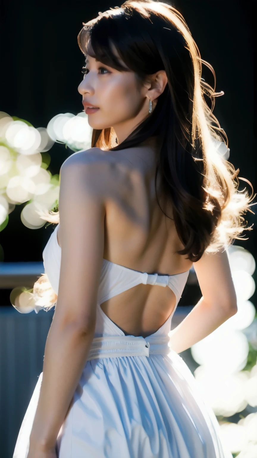 ((Highest quality, 8K, masterpiece: 1.3)), sharp: 1.2, Perfect Body Beauty: 1.4, ((Layered Hairstyles, Small breasts: 1.1)), street: 1.2, Highly detailed face and skin texture, fine grain, double eyelid, Long black hair, Not tying hair, Turning his back, Big Belly, Butt, Lower Body, Thighs, Skinny, Thin silk dress, Ribs are floating, Wet and shiny lips, Cross your arms, Lace pattern, Look Up, smile, Looking back here, The gaze is directed this way