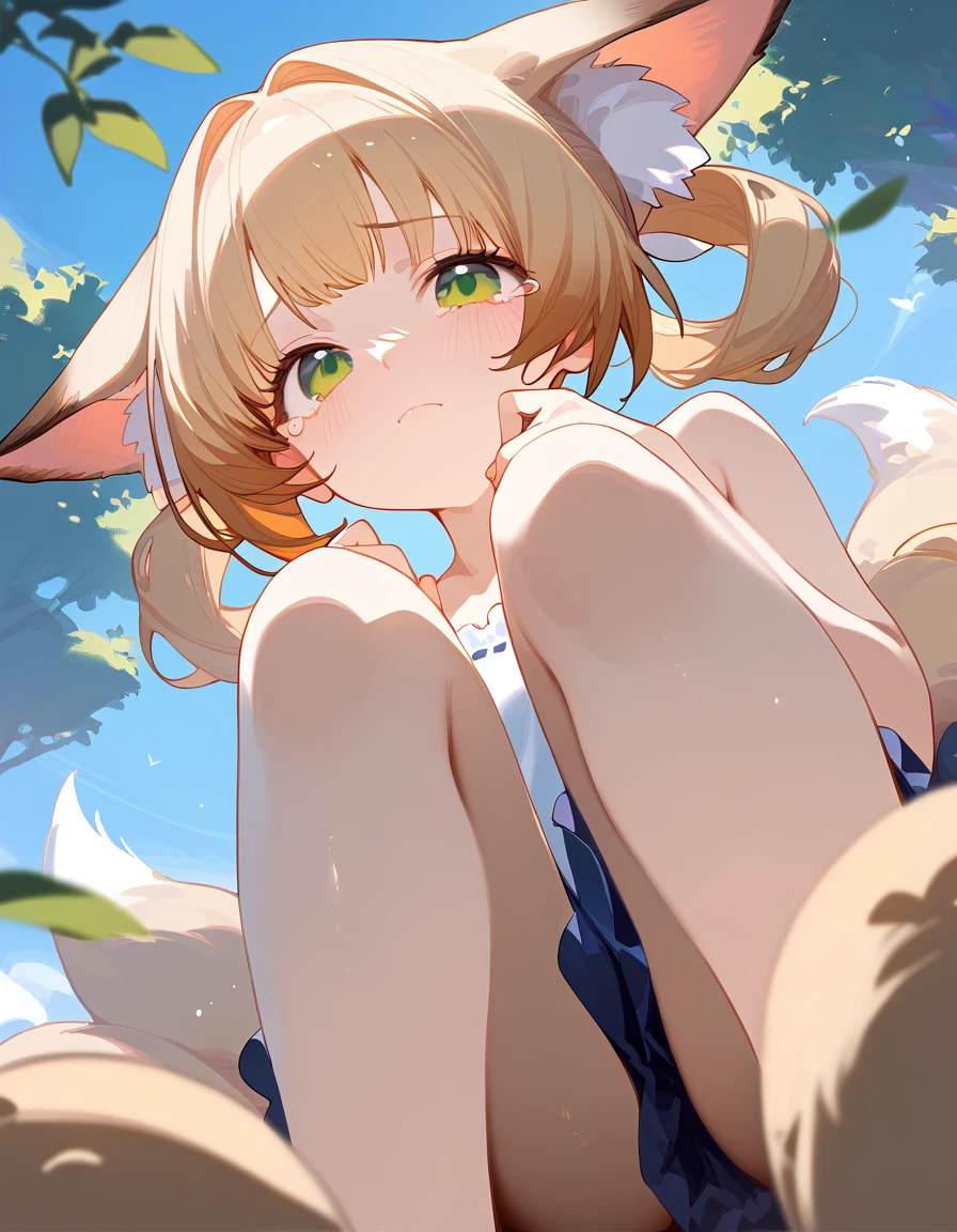 score_9,score_8_up,score_7_up,
 1girl,One,Suzuran ,closed mouth, green eyes ,tearing apart_up,hair rings , fluffy animal ears, blond hair ,multiple tails ,bald tail, outdoors,in a meadow ,(:1.2),in half,),squat,from below , looking at the viewer ,