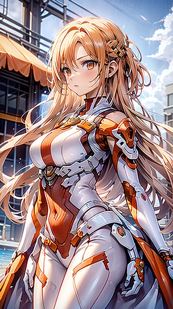 masterpiece, Best Quality,  one girl playing pranks,  have long orange hair and orange eyes、Anime characters wearing white armor and white pants ,  Yuuki as costume  from Sword Art Online,  Yuuki as costume ,  standing on the beach, Underarm details,  detail face , Detailed eyes