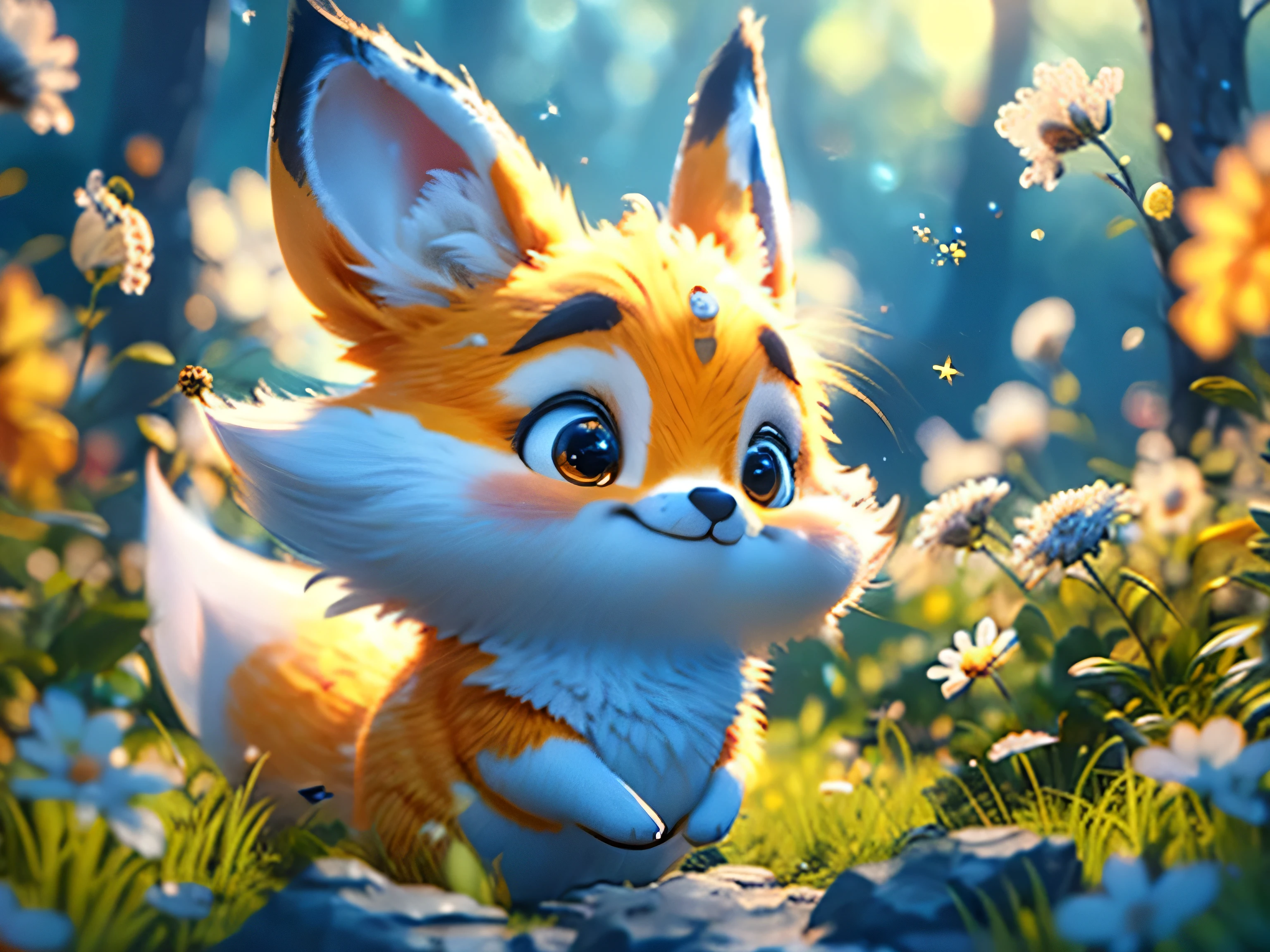 Magical Fantasy Creature, (Best Quality, Masterpiece, Representative Work, Official Art, Professional, Ultra Fine Detail, 8k:1.3) Fox Spirit, Super Cute, Big Eyes, Soft, Delicate Nose, Fluffy, Two-Toothed Smile, Cute Fennec Fox Ghost, Realistic, Beautiful, Sparkling, Stars in Eyes, Star Pearl, Fox Lights, Soft Volumetric Light, (Backlight:1.3), (Cinematic:1.2), Intricate Details, (ArtStation:1.3), --auto --s2