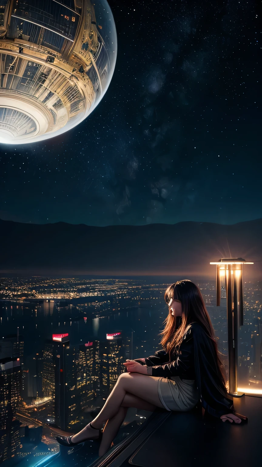 best quality, masterpiece, extremely detailed, detailed background, anime, 1girl, young girl, short girl, sci-fi, science fiction, outdoors, night, starry sky, greenhouse, megastructure, bio-dome, landscape, scenery, horizon, rooftop, sitting on rooftop, wind, looking away, atmospheric lighting, solo focus, close up, from side, depth of field, bokeh