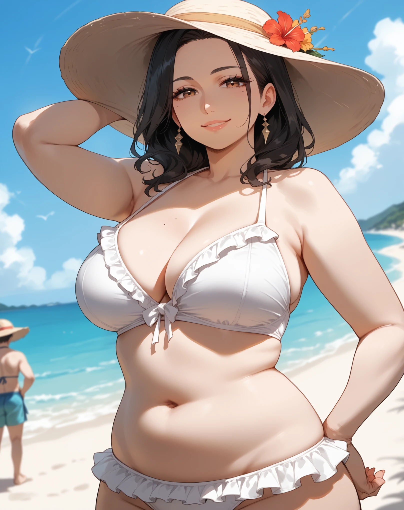 core_9,score_8_up,score_7_up,),score_9,score_8_up,score_7_up,{{anime, low angle, upper body, dutch angle, source_anime, outdoors, beach, sea, colorful, vibrant, blurry background, looking at viewer, solo, crowd}} mature female, asian, Japanese, fair skin, plump, large breasts, mole under right eye, mature eyes, housewife, eyeliner, gentle eyes, black hair, swept bangs, brown eyes, medium hair, sidelocks, frilled bikini, sun hat, gentle smile, hand on hips.
