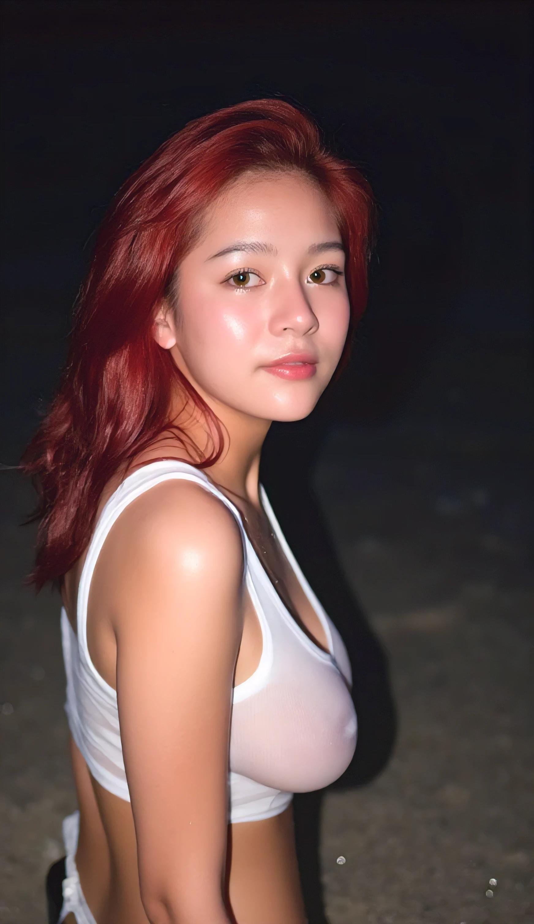  21 year old redheaded woman with a more mature face with a more mature face, pale skin, freckles,  red hair water green eyes,  fleshy and shiny lips , labia majora, thick lips, parted lips, Light pink in the water on the beach at night 