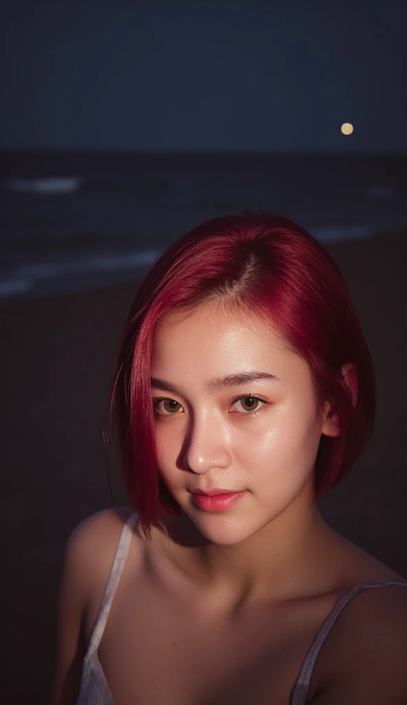  21 year old redheaded Asian woman with a more mature face with a more mature face, pale skin, freckles,  red hair water green eyes,  fleshy and shiny lips , labia majora, thick lips, parted lips, Light pink in the water on the beach at night 