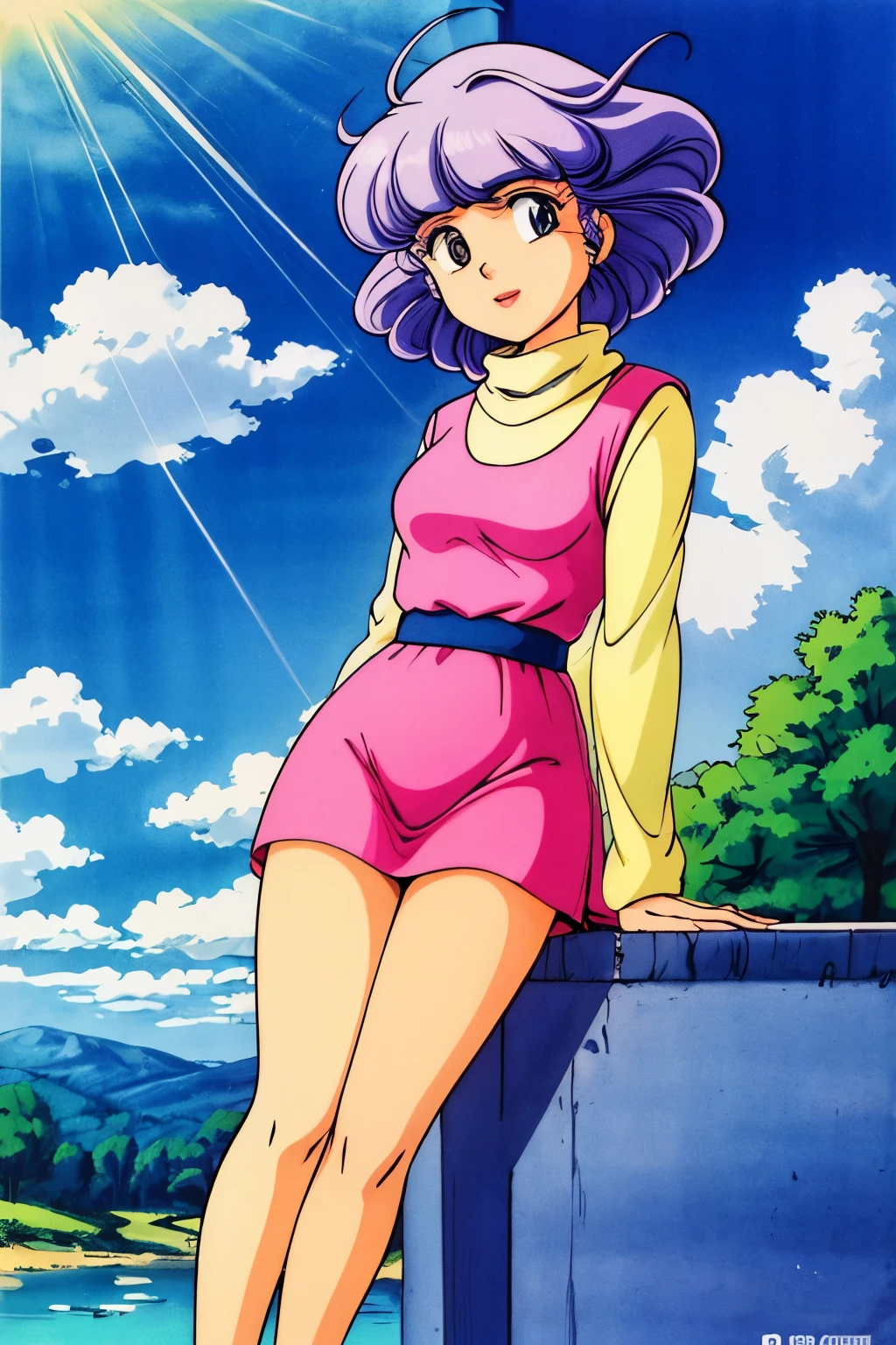 (masterpiece, best quality), high resolution picture of a Japanese female idol, retro artstyle, 1980s \(style\), solo, 1girl, full body, sensual posture, pink dress, inner turtleneck sweater, detailed eyes, detailed face, smile, outdoors, blue sky and clouds, 