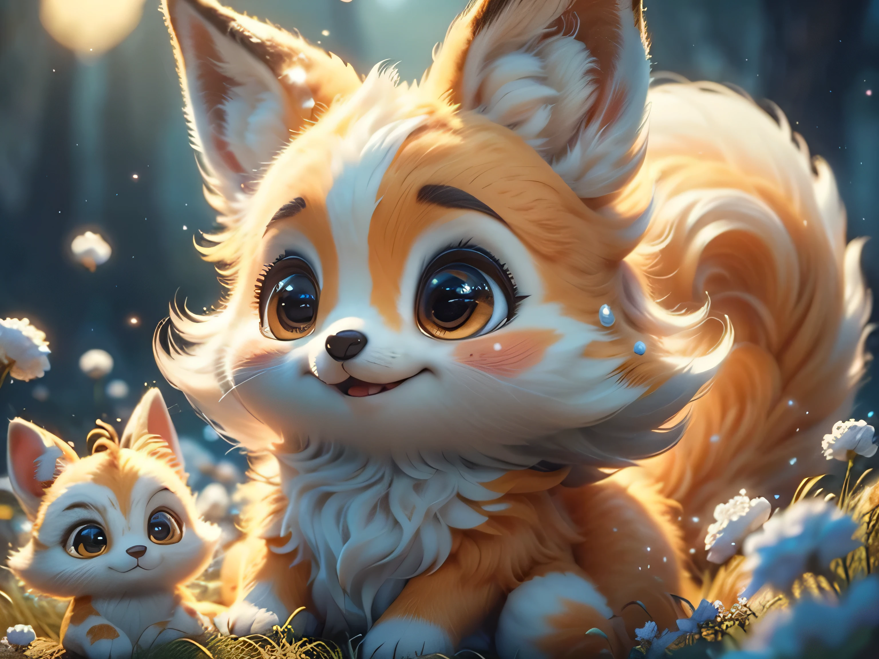 Magical Fantasy Creature, (Best Quality, Masterpiece, Representative Work, Official Art, Professional, Ultra Fine Detail, 8k:1.3), (Photorealism:1.2), Fox Spirit, Super Cute, Big Eyes, Soft, Delicate Nose, Fluffy, Two-Toothed Smile, Cute Fennec Fox Ghost, Realistic, Beautiful, Sparkling, Stars in Eyes, Star Pearl, Fox Lights, Soft Volumetric Light, (Backlight:1.3), (Cinematic:1.2), Intricate Details, (ArtStation:1.3), --auto --s2