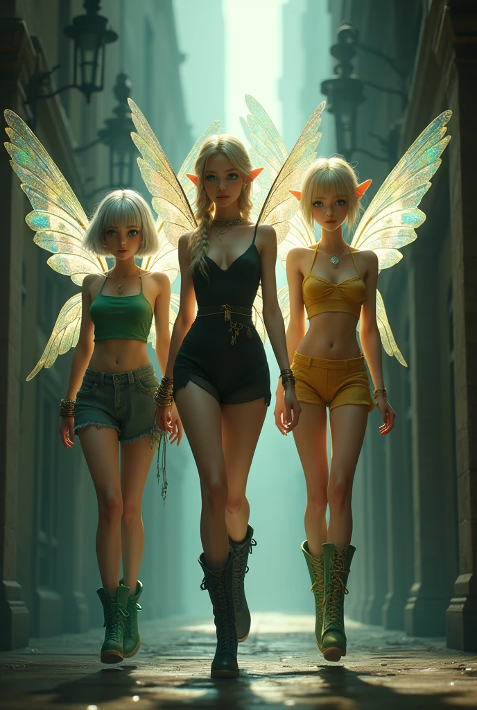 three beautiful elf girls, naked, nude, extreme abs, cute face, crazy hair, colored hair, yellow eyes, deep fashion, cyberspace, surreal, virtual reality, video game, crazy colors, ribbons, tattoes, many tattoos, extreme tattoos, full body tattoos, beautiful tattoos, weird perspective, dramatic light, dungeons and dragons, quest, adventurers, action, playfull, cute, profound, dramatic glowing nimbus circle, colorful angelic wings, group photo, semi closeup, temple, magical energies, witchcraft, permanent love energy, spreading legs, posing, long hair, high heels
