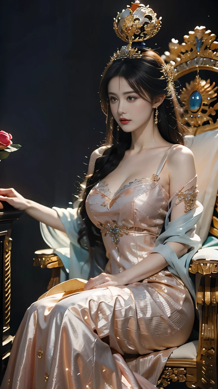 Etched illustration, Beautiful sexy queen, (((Wearing a dragon scale dress , cover))), (((Micro T-string,   and lies on the throne))),Prestige and gorgeous， (Palace Background， Ultra HD Details，Ray Tracing)，The camera tilts slightly 