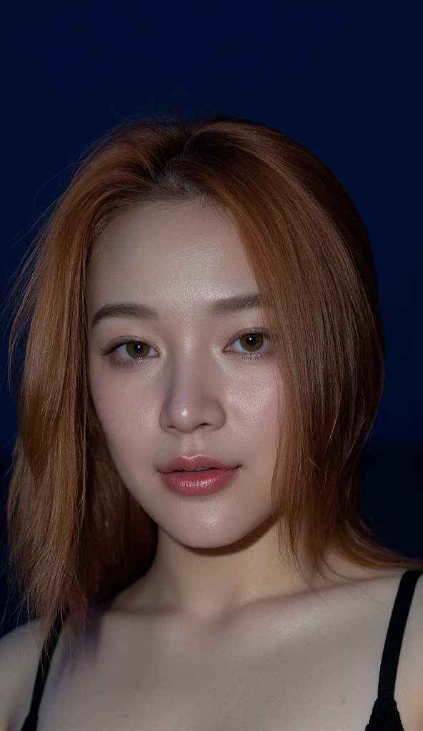  21 year old redheaded asian woman with a more mature face with a more mature face, pale skin, freckles,  red hair water green eyes,  fleshy and shiny lips , labia majora, thick lips, parted lips, Light pink in the water on the beach at night 