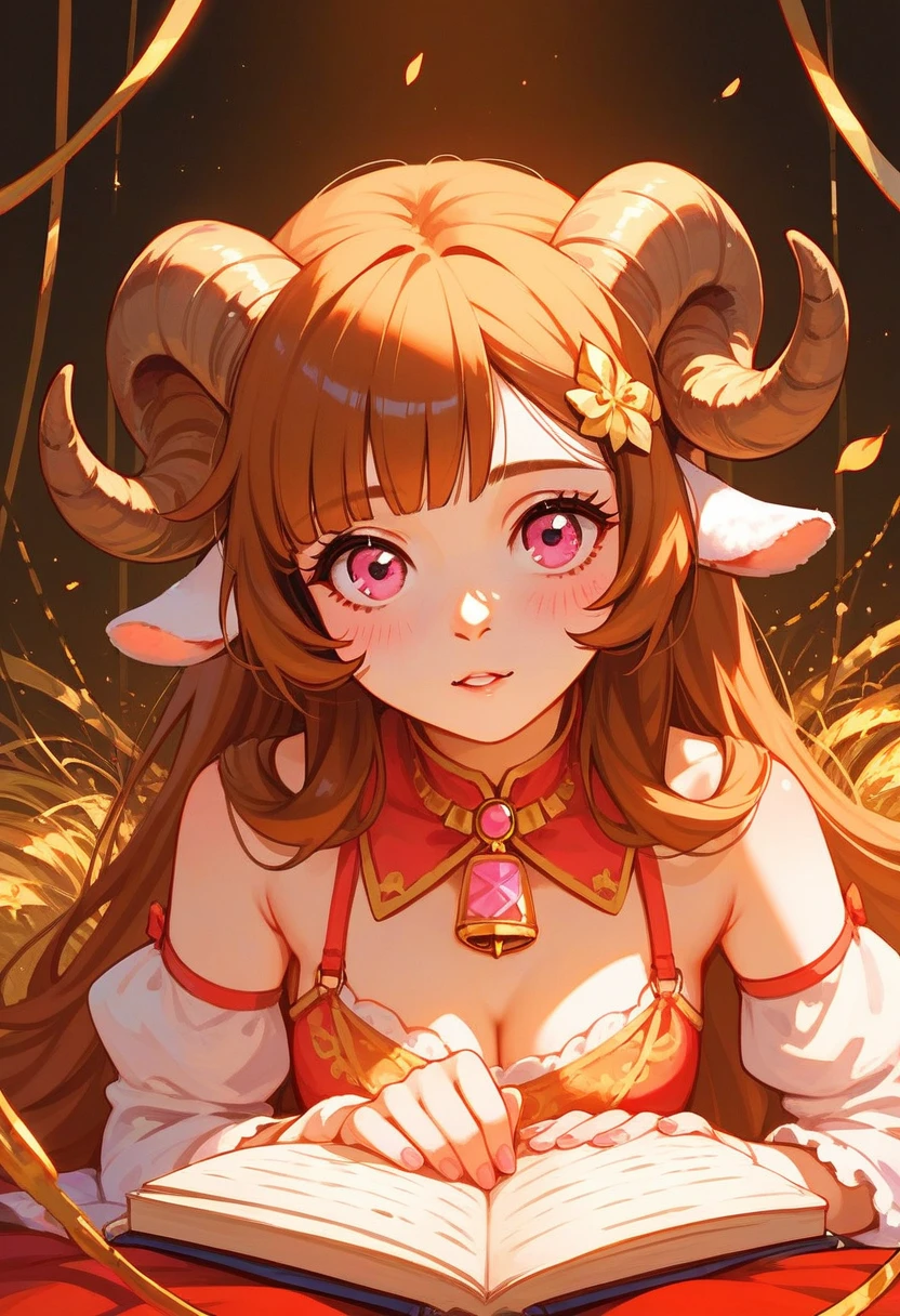 High Resolution, Masterpiece, Best Quality, UHD, 1girl, Pink Eyes, sheep girl, brown hair, sheep horns, eyjafjalla