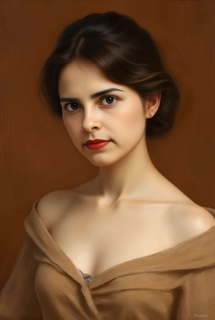 oil painting portrait rendered in a loose, impressionistic style with thick, expressive brush strokes, The subject is a woman of light skin tone, with a slightly tanned complexion, and she has a serene expression. Her hair is a medium brown, styled in a simple, low bun, with strands gently framing her face. She has a prominent nose, full lips, and a slightly parted mouth, suggesting a calm or contemplative demeanor.

The background is a warm, earthy brown, devoid of any distinct features, which serves to focus attention on the subject. The lighting in the image is soft and natural, casting gentle shadows that accentuate her facial features and add depth to her expression. Her eyes are a deep brown, and she gazes directly at the viewer.

She is wearing a light brown garment, possibly a robe or a simple dress, with a loose, flowing texture that complements the softness of her facial features. The painting captures her from the shoulders up, with her head slightly turned to the right, giving a three-quarter view.

The overall mood of the painting is serene and introspective, with a focus on the subject's calm and thoughtful presence.