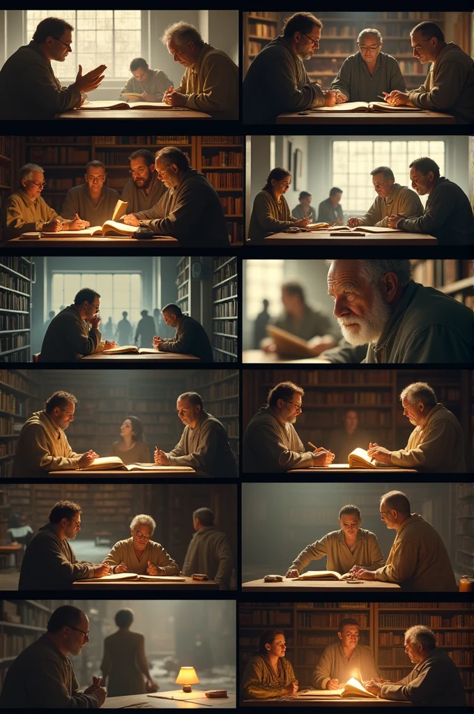 Create an image in 16:9 using a vintage style with a wide view of an old library, with close-ups of historical manuscripts. The scene should be lit in a naturalistic manner, evoking the origin of writing and its impact on civilizations, similar to the work of Ken Burns. This documentary should present the narrative in timelapse, with reenactments involving people writing on scrolls.