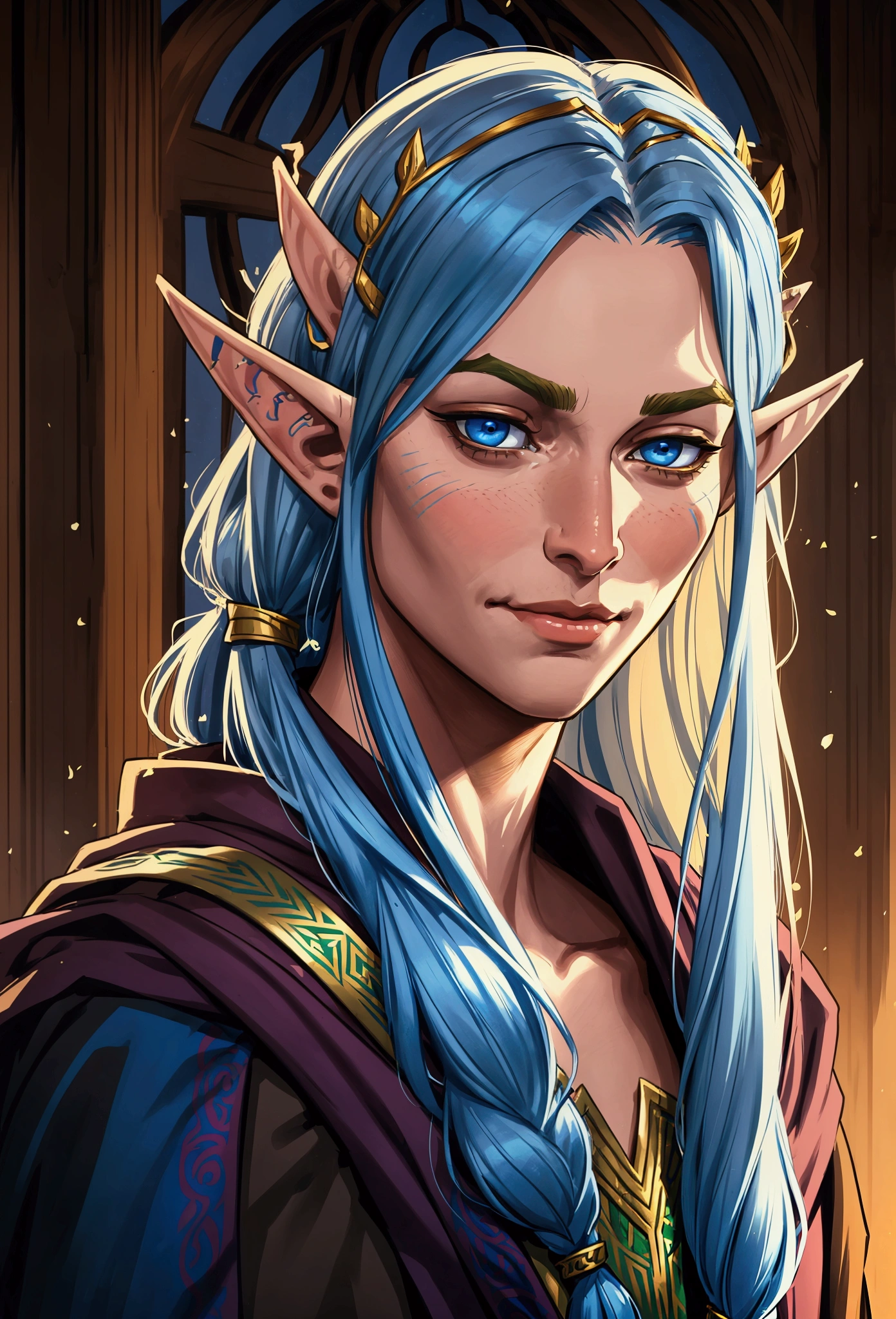 a close up of a drawing of a person with long hair, a character portrait inspired by Sigurd Swane, reddit, hurufiyya, blue-skinned elf, side portrait of elven royalty, a portrait of an elf, a middle aged elf, a portrait of a male elf, elven character with smirk, portrait of an elf