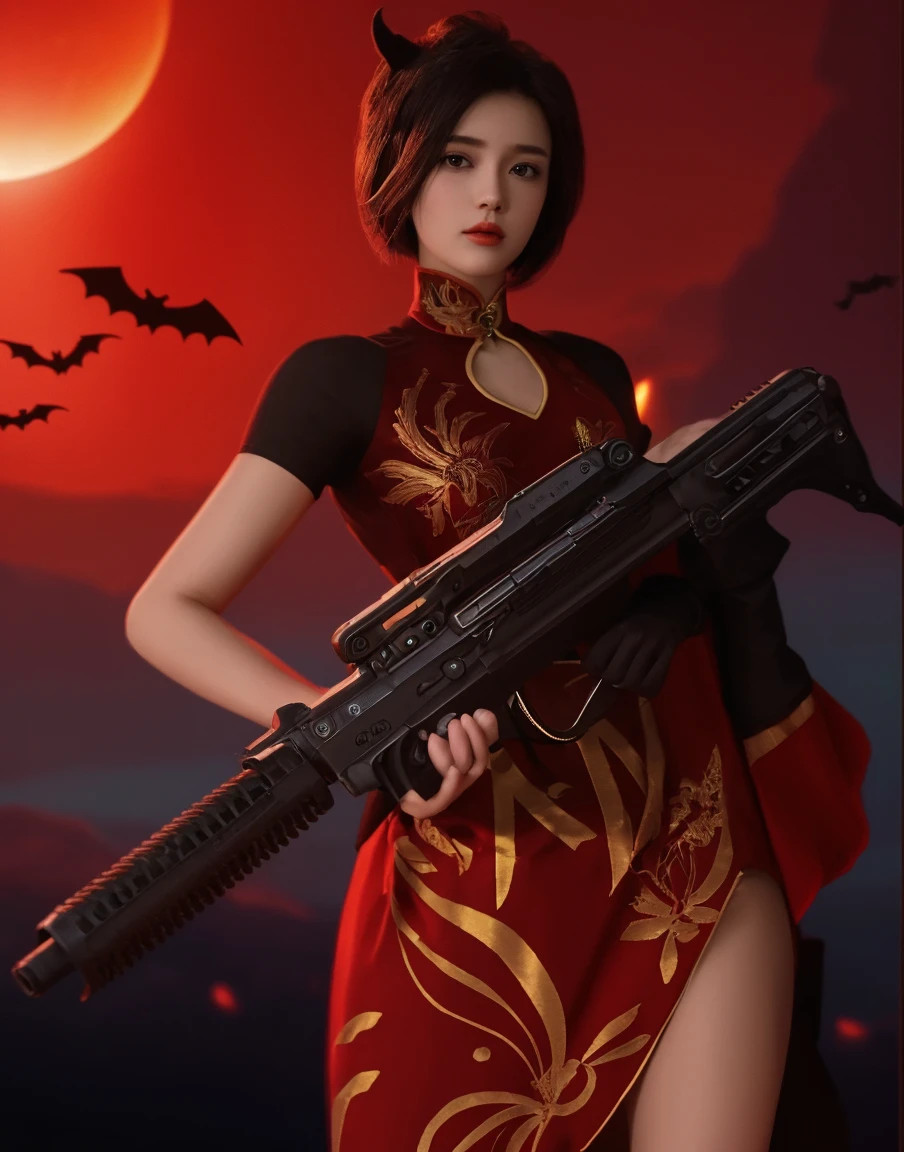 arafed woman in a red dress holding a gun in a foggy area, cgsociety and fenghua zhong, by Yang J, by Shen Quan, cgsociety 9, by Ren Xiong, stunning cgsociety, by Lu Zhi, by Qian Gu, by Leng Mei, by Shen Zhou, inspired by Fenghua Zhong