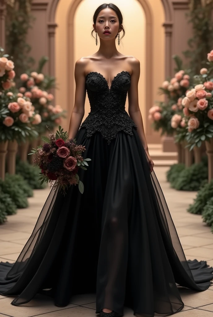 photorealistic of a stunning bride in black haute couture fashion wedding gown, walking aisle with hand bouquet, intricate detailed 