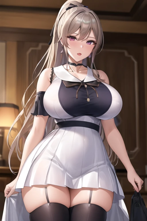 ultra-detailed,
master piece,best quality,high resolution,
beautiful eyes,detailed eyes,detailed face,
beautiful detailed eyes,symmetrical clear eyes,
1girl, Furen E Rustario, 
fel1, white skirt, black shirt, hair ribbon, jewelry, ponytail, black choker, collarbone, bare shoulders, earrings, short sleeves
,(gigantic breasts:1.2),(wide hips:1.2),