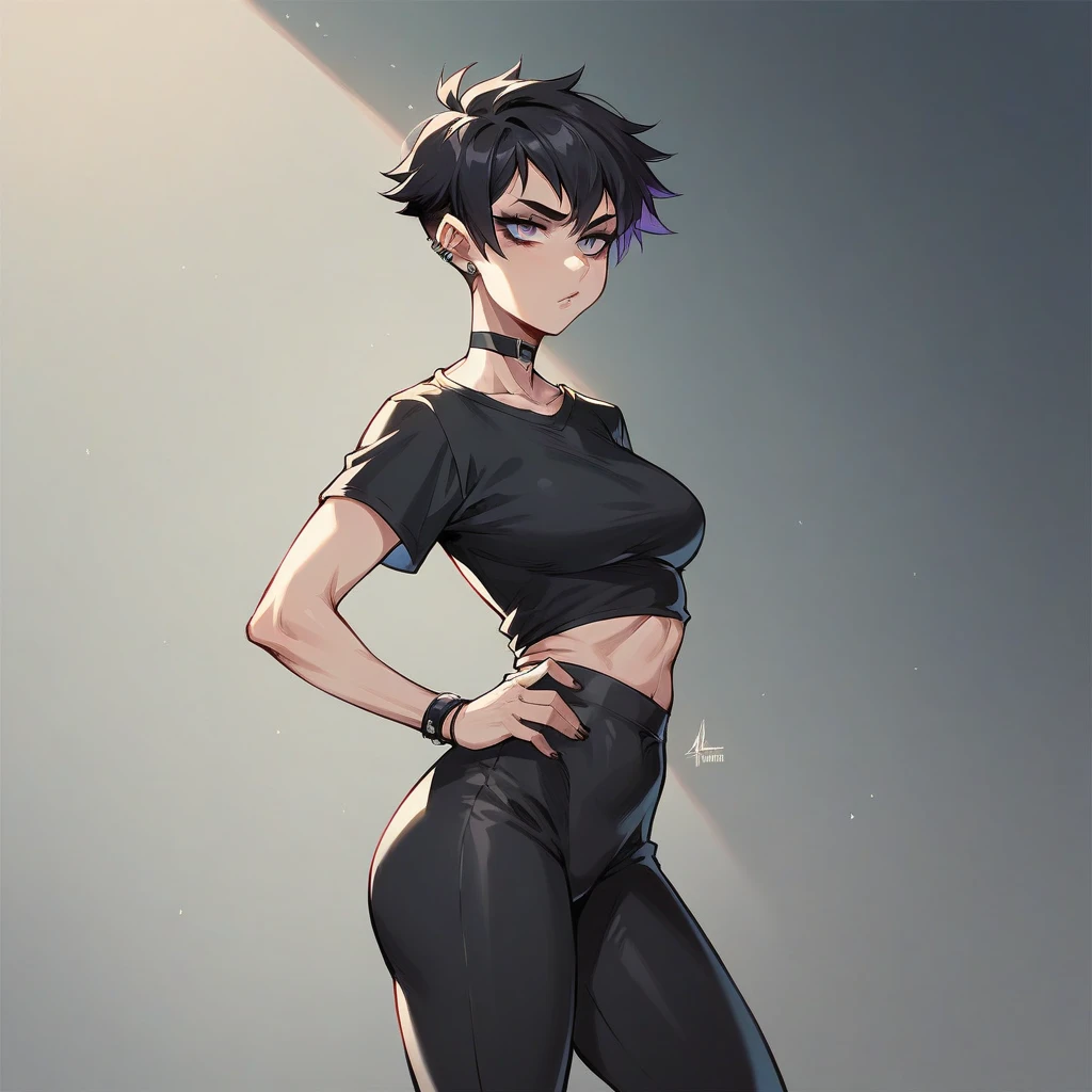 riley fairfeather, masterpiece, best quality, 1girl, solo, 1girl, solo, nose piercing, green hair, piercing, undercut, crop top, v neck, midriff, freckles, leather collar, short shorts, breasts, full body, short hair, black hair, multicolored hair, two-tone hair, purple eyes, looking at viewer, blush, hands behind back, ear piercing, black shoes, nose blush, dark-skinned female, small breasts, standing, tan, dark skin, bedroom,