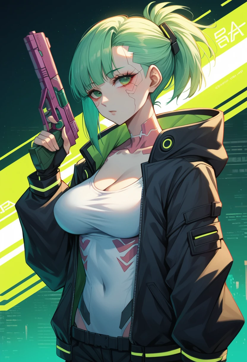  a woman with green eyes and a black jacket holding a gun, cyberpunk anime art, chica anime cyberpunk, best anime 4k konachan wallpaper, anime girl cyberpunk mech, female cyberpunk anime girl, cyberpunk anime art, anime style 4k , digital cyberpunk anime art, Cyberpunk Anime Girl with Hoodie, Anime Wallpaper 4k, Anime wallpaper 4 k, cyberpunk anime Big Breast 
