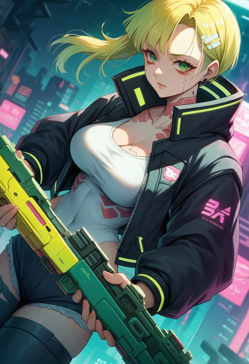  a woman with green eyes and a black jacket holding a gun, cyberpunk anime art, chica anime cyberpunk, best anime 4k konachan wallpaper, anime girl cyberpunk mech, female cyberpunk anime girl, cyberpunk anime art, anime style 4k , digital cyberpunk anime art, Cyberpunk Anime Girl with Hoodie, Anime Wallpaper 4k, Anime wallpaper 4 k, cyberpunk anime Big Breast 
